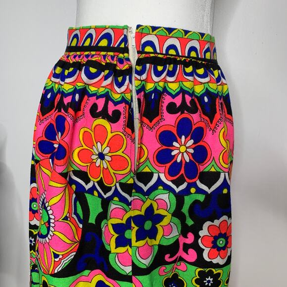 Vintage 60s 70s neon psychedelic floral print barkcloth maxi skirt SZ S / 6 - Picture 5 of 10